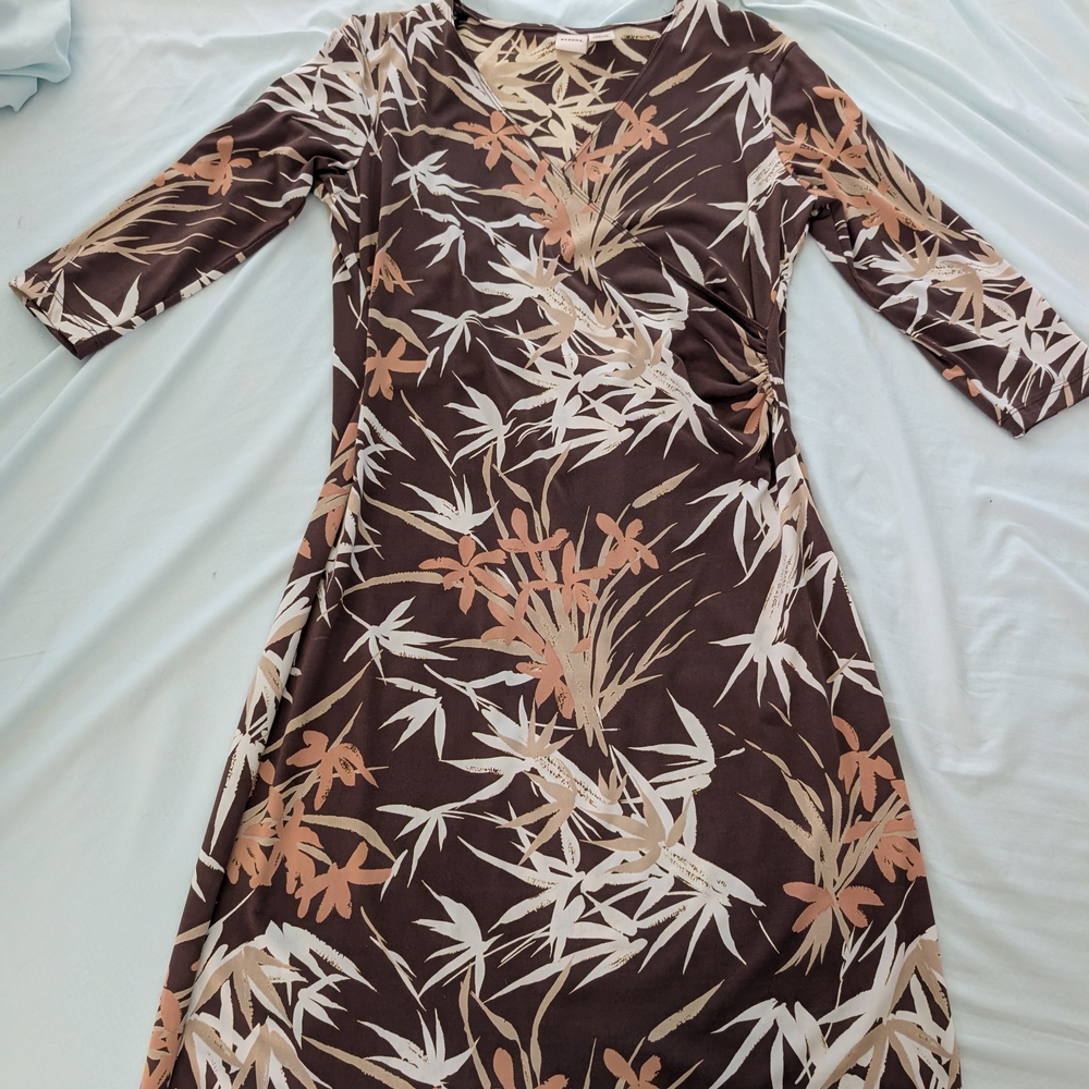 Merona Brown Floral-Print Midi Dress with Cream and Tan Accents